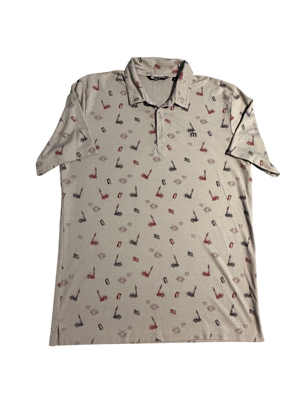 TravisMathew Patriotic Print Golf Polo Shirt XXL Fireworks & American Flag